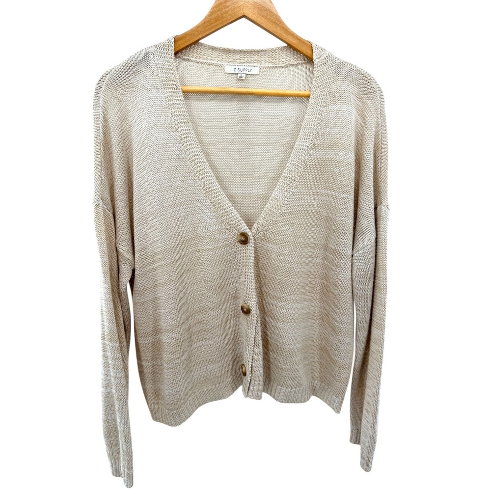 Z Supply Womens Beige Space Dye Open Knit V-Neck Button Cardigan‎ Lightweight L